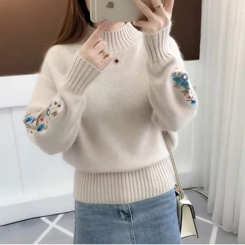 Stand Collar Embroidered Sweater - Lightweight Polyester Pullover