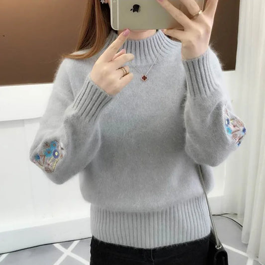 Embroidered Stand-Collar Knit Sweater