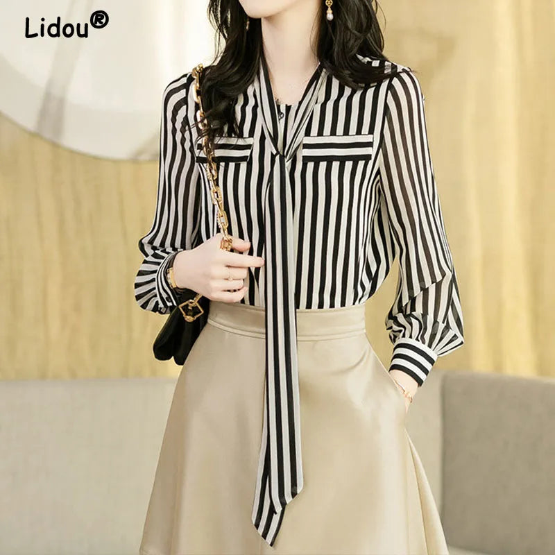 Striped Print Shirt - Lightweight Breathable Chiffon