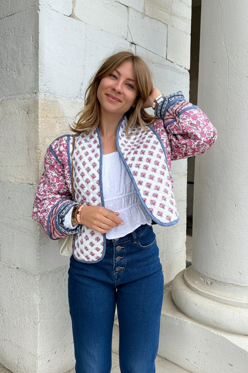 Vintage Floral Quilted Coat - Women's V-Neck Cotton Outerwear