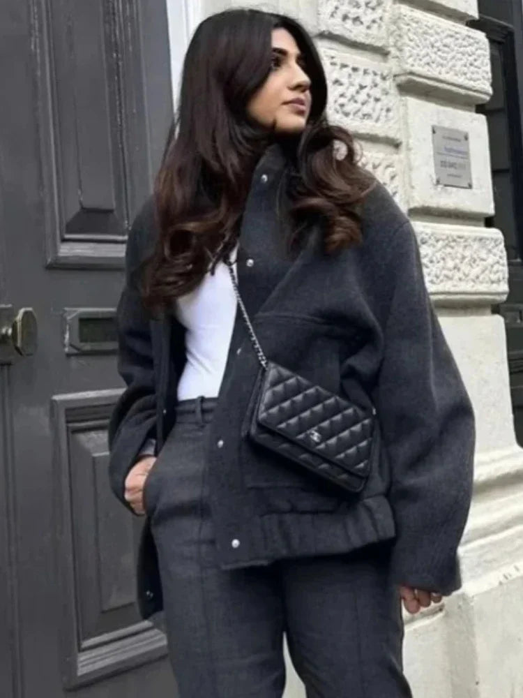 Warm Gray Long Sleeve Bomber Jacket - Comfortable Polyester