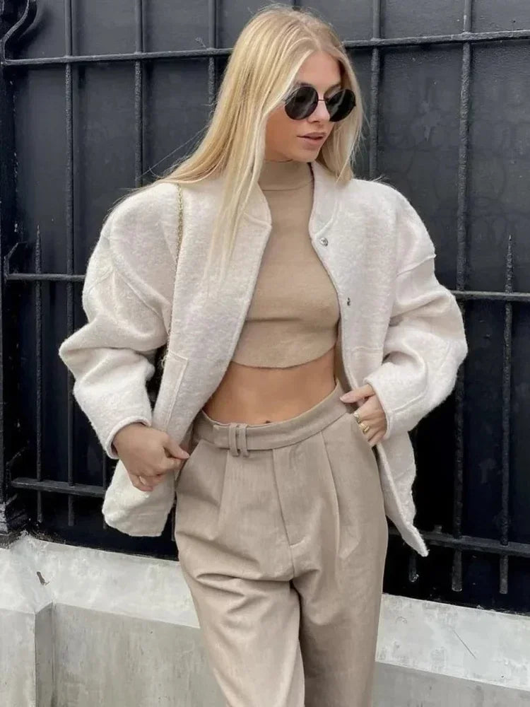 Warm Gray Long Sleeve Bomber Jacket - Comfortable Polyester