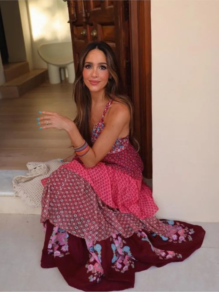 Women's Print Layered Pleat Sling Dress - Sophisticated Elegance