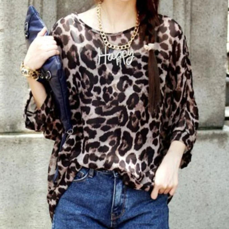 Irregular Leopard Print Chiffon Blouse - Bold Long Sleeve